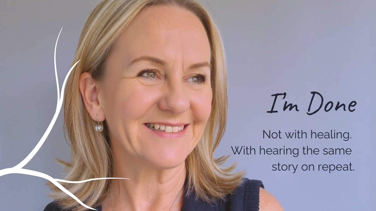 Suzanne J Lawson smiling against a muted purple-grey background with a white branch illustration, overlaid text reads "I'm Done — not with healing, with hearing the same story on repeat.
