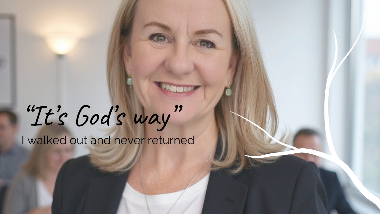 Suzanne J Lawson smiling against a busy office background with a white branch illustration, overlaid text reads "'It's God's way' — I walked out and never returned."